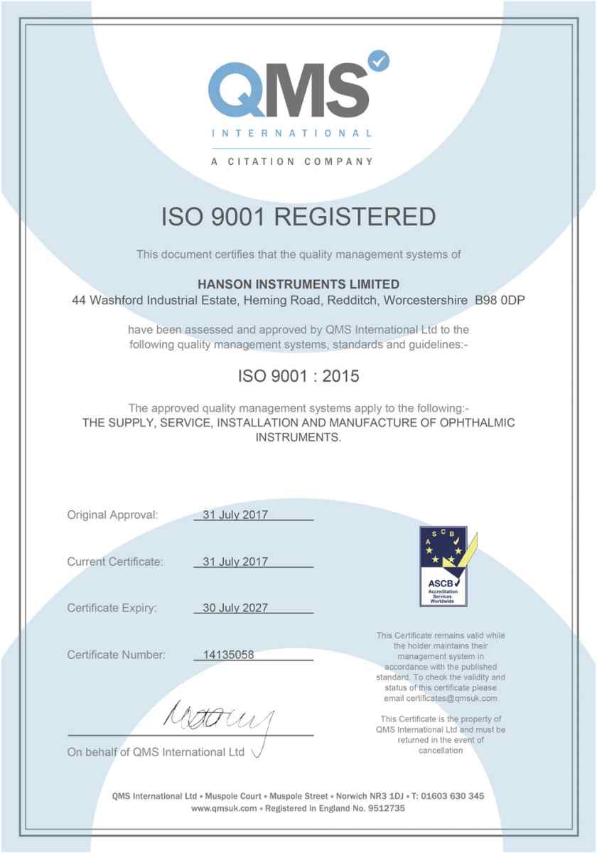 Hanson Instruments ISO 9001 Registered